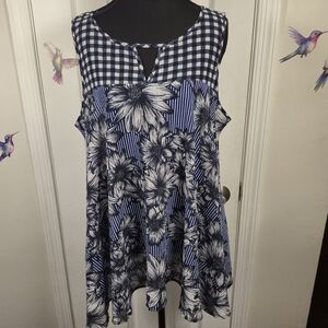 Spense Navy Gingham Floral Mixed Print Tunic Top Size L Boho Cottagcore